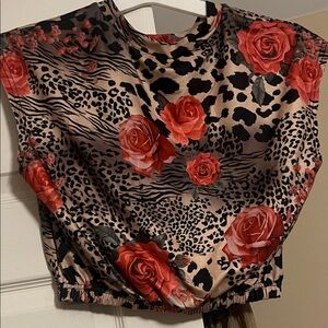 Source Unknown Red and Black Floral Animal Print Blouse